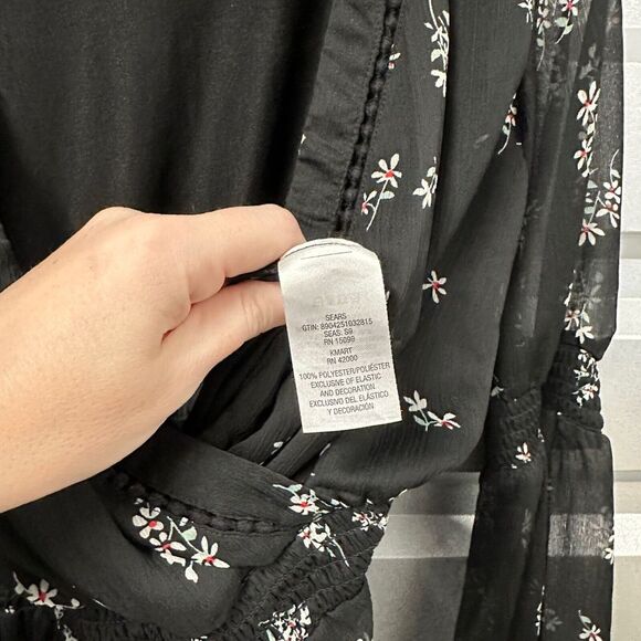 Vintage‎ Bongo Romper Womens S V-Neck Flowy Sleeves Elastic Waist Black Floral - Picture 6 of 8